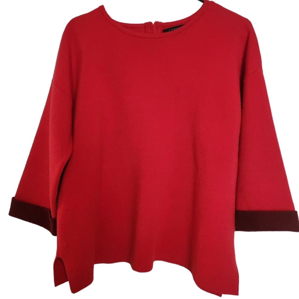 Tahari Red Round Neck Roll Cuff 3/4 Sleeve Knit Sweater Sz Large